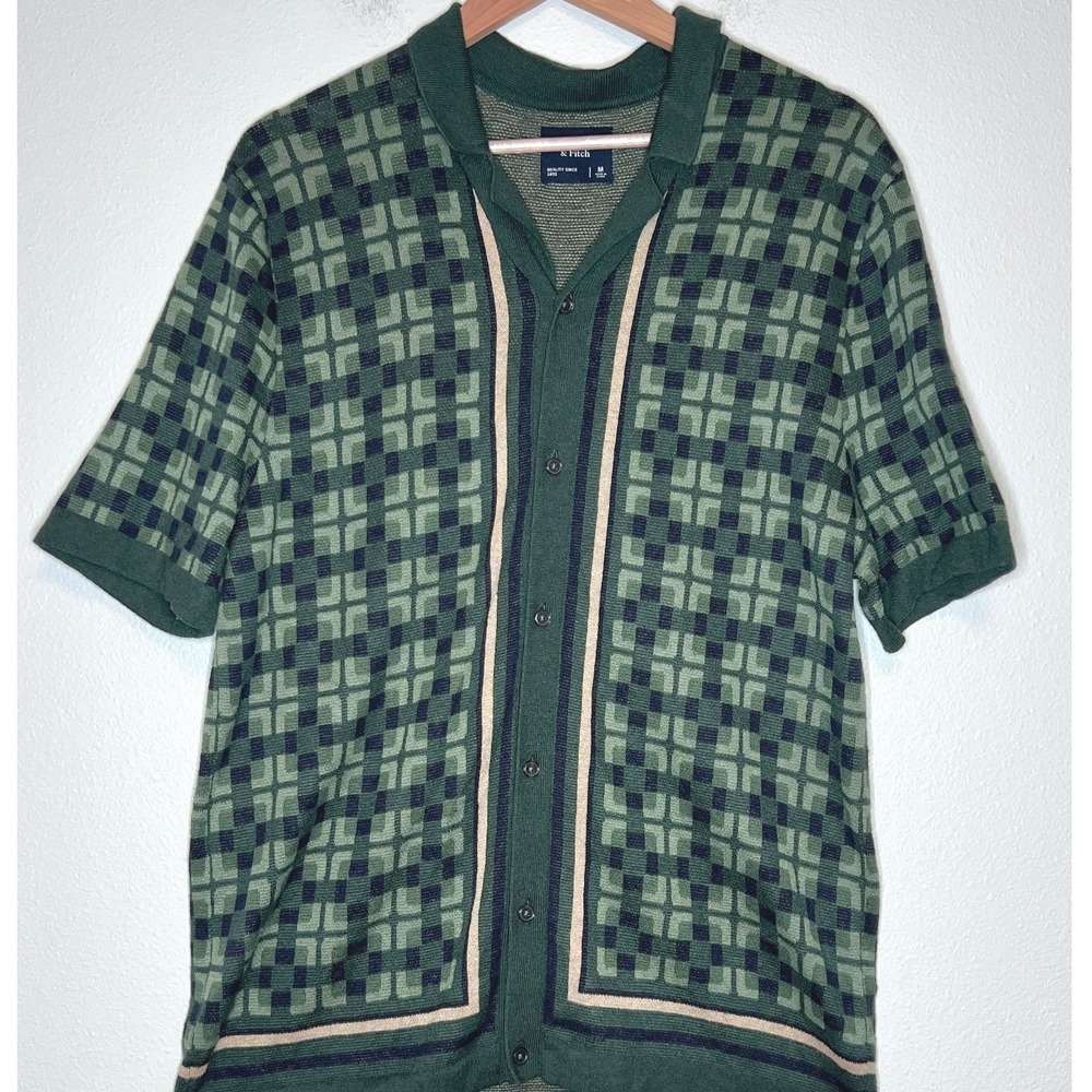 Abercrombie & Fitch Button Up Sweater Polo M Green Cotton Knit Retro Mod